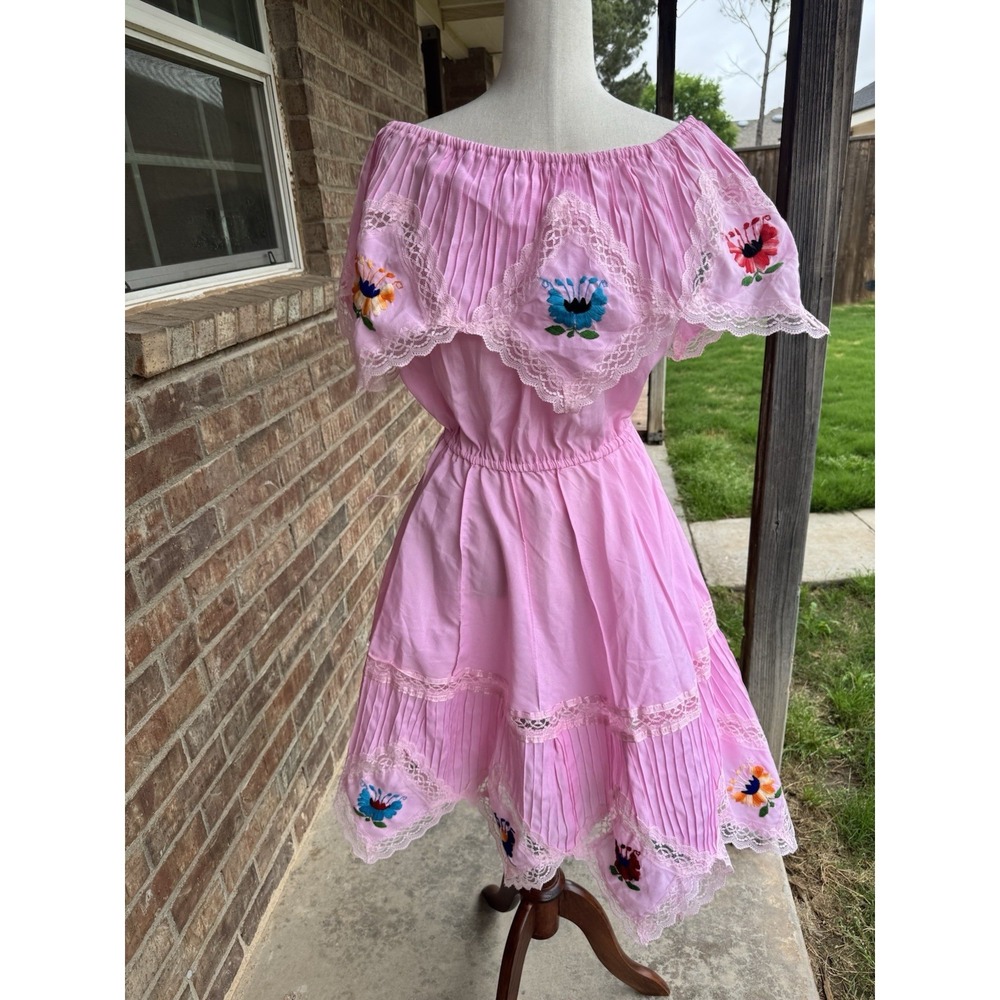 VTG Dress Mexican Embroidered Lace Off Shoulder Boho Floral Peasant Pink Medium - Picture 3 of 5